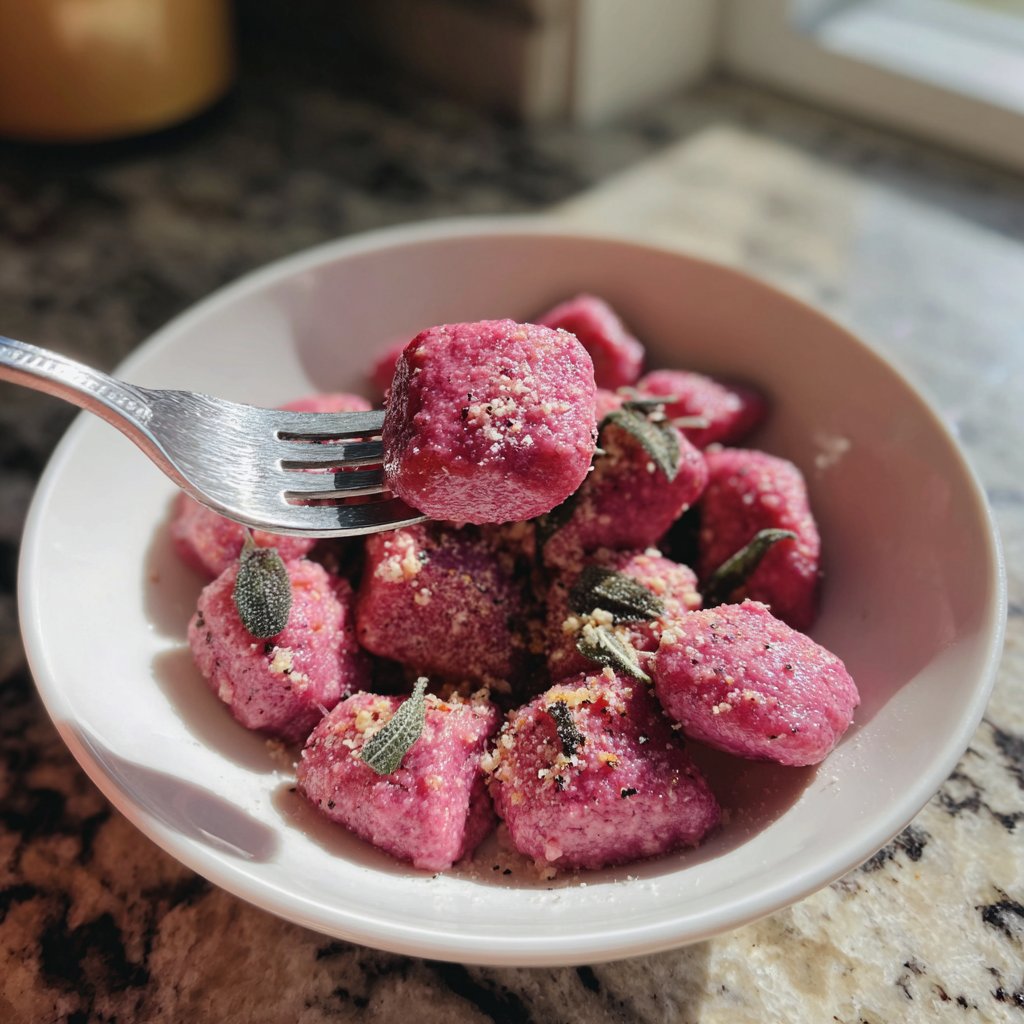 Pink Beet Gnocchi with Sage